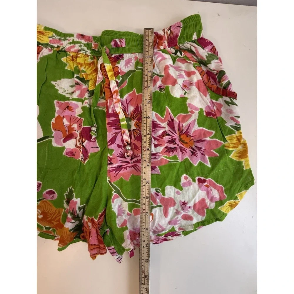 Floral Tropical Shorts Green Pink Boho Resort Beach Pull On Cotton Blend Pockets - Picture 8 of 9